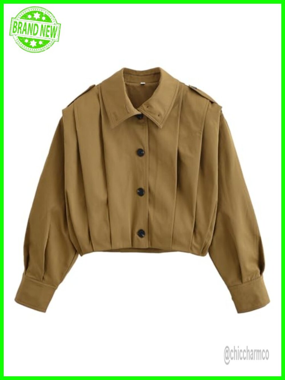 Cropped Pleated Trench Coat Button Down High Collar Balloon Sleeve